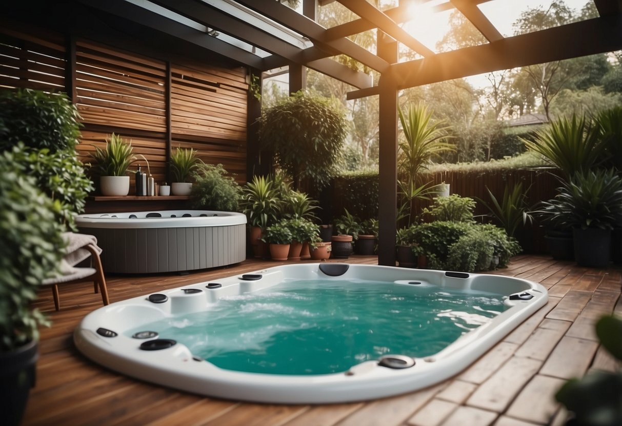 A lush garden with a hot tub surrounded by towel warmers, creating a cozy and luxurious atmosphere for relaxation and comfort