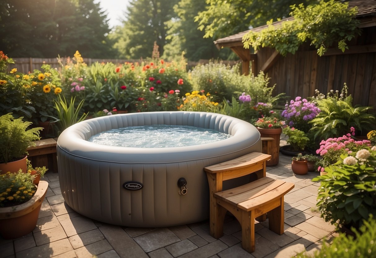 A backyard garden with an inflatable hot tub surrounded by lush greenery and colorful flowers. Accessories like floating drink holders and towels are placed nearby