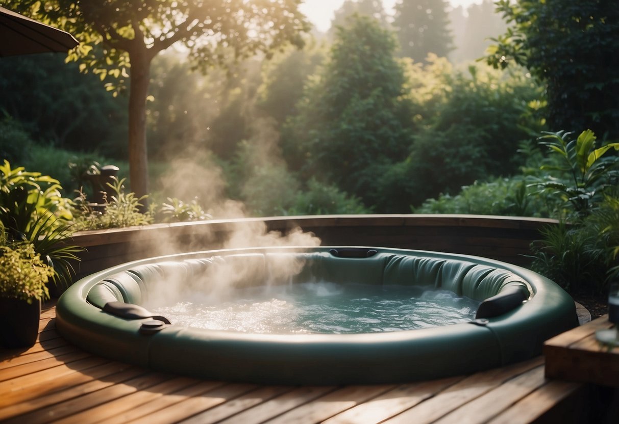 A hot tub surrounded by lush greenery, with steam rising from the bubbling water. A cozy seating area nearby, with soft lighting and comfortable cushions