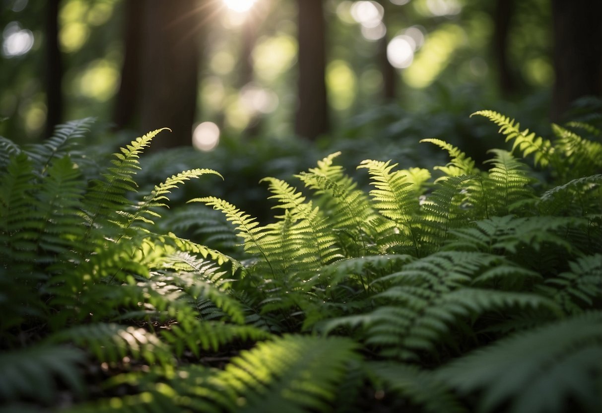 Lush ferns thrive under dappled sunlight in a tranquil woodland garden, creating a serene and peaceful atmosphere