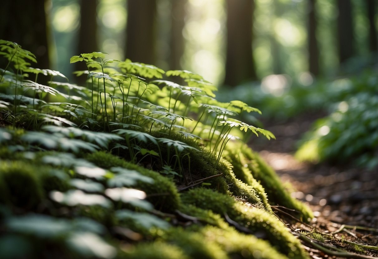 A serene woodland garden with Solomon's Seal plants arching gracefully over a moss-covered forest floor, dappled sunlight filtering through the trees