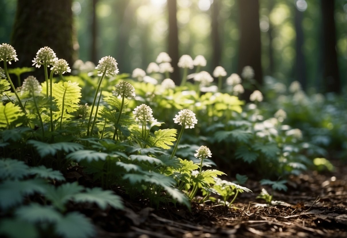 A lush woodland garden with tiarella plants creating intricate foliage patterns. Sunlight filters through the trees, casting dappled shadows on the ground