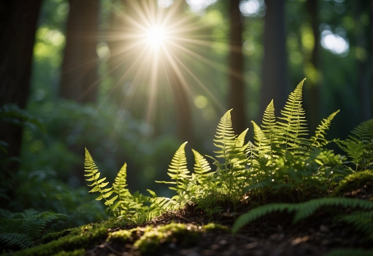 Sunlight filters through the canopy, illuminating a lush woodland garden. Ferns, moss, and wildflowers thrive beneath towering trees, creating a serene and natural oasis