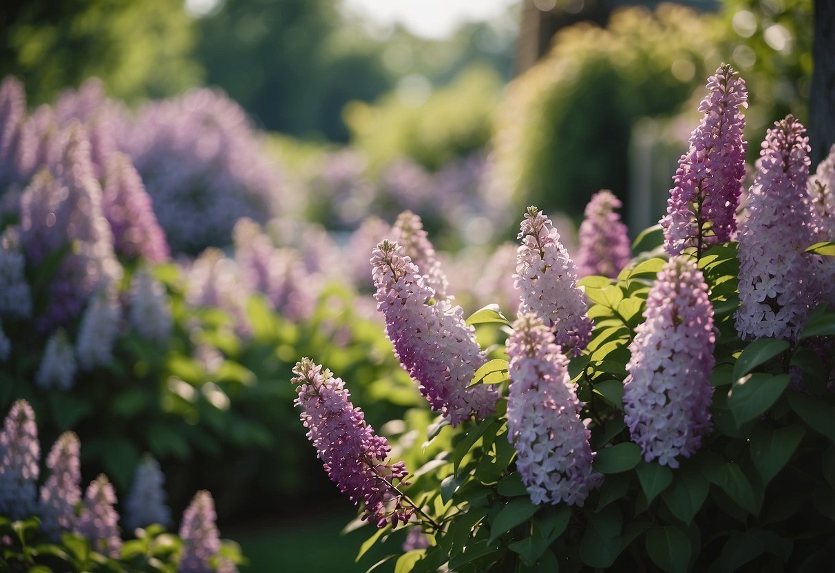 A lush garden of lilac shrubs in full bloom, surrounded by colorful flowers and green foliage, creating a peaceful and vibrant scene in Ohio