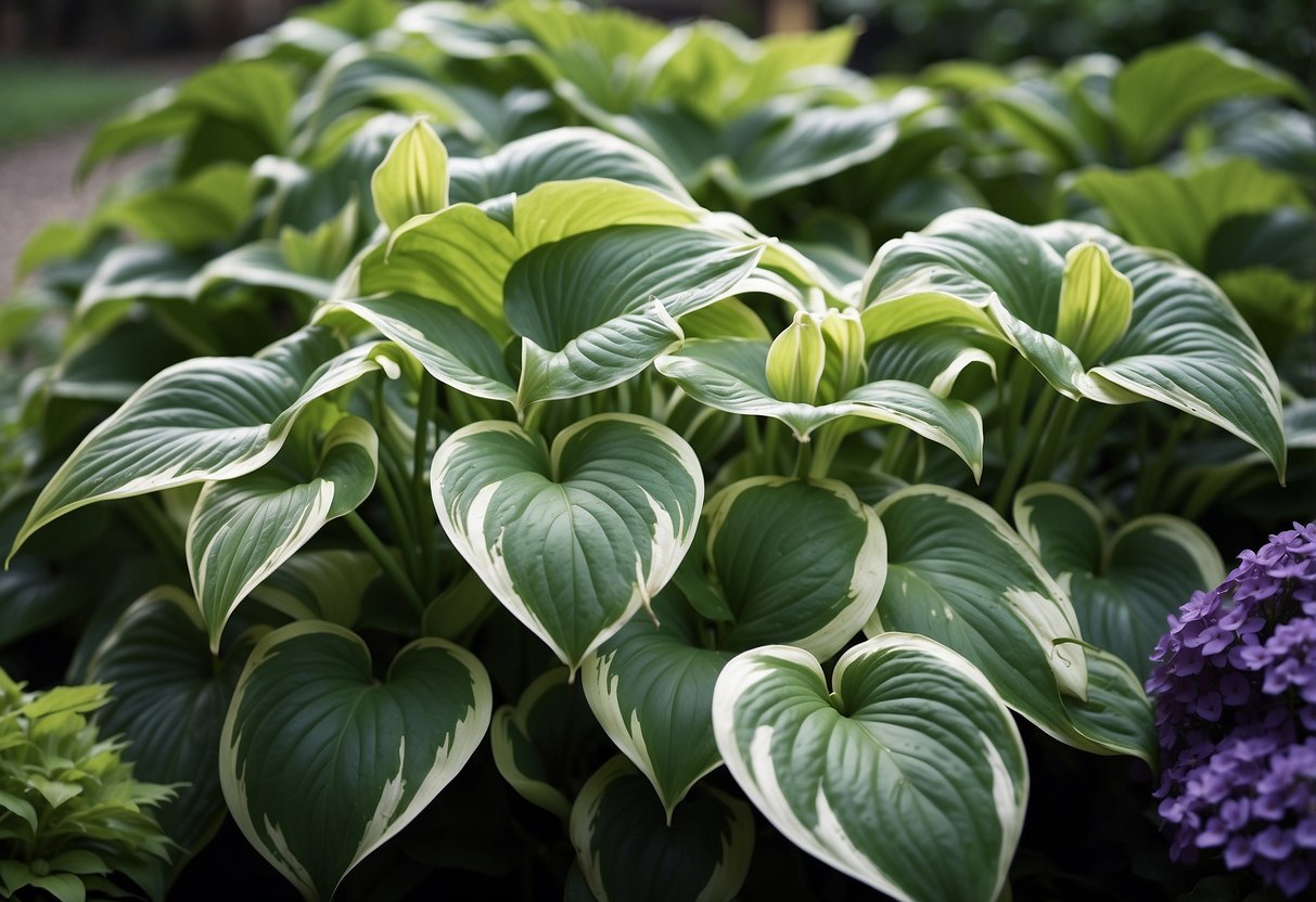 Lush green hostas fill an Ohio garden, their delicate flowers adding pops of purple and white among the foliage