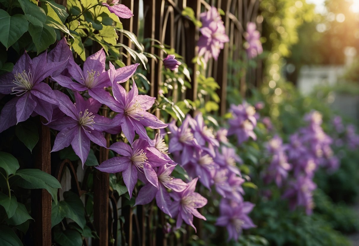 Lush clematis flowers climb a wooden trellis in a vibrant Ohio garden