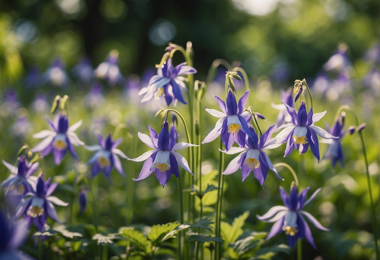 A vibrant columbine flower garden in Ohio, with a mix of colors and sizes, surrounded by lush green foliage and bathed in soft sunlight