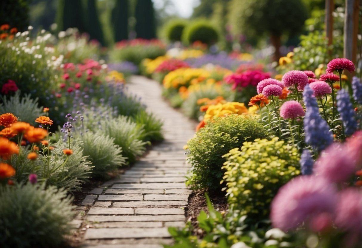 A colorful array of flowers blooms in a well-organized garden layout, with winding paths and a variety of plant heights