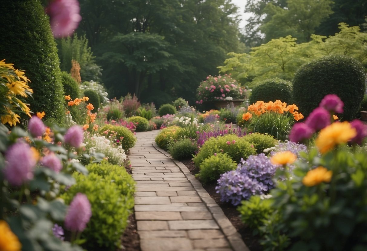 A colorful Ohio garden with various flowers in full bloom, surrounded by neatly trimmed hedges and a pathway leading through the garden