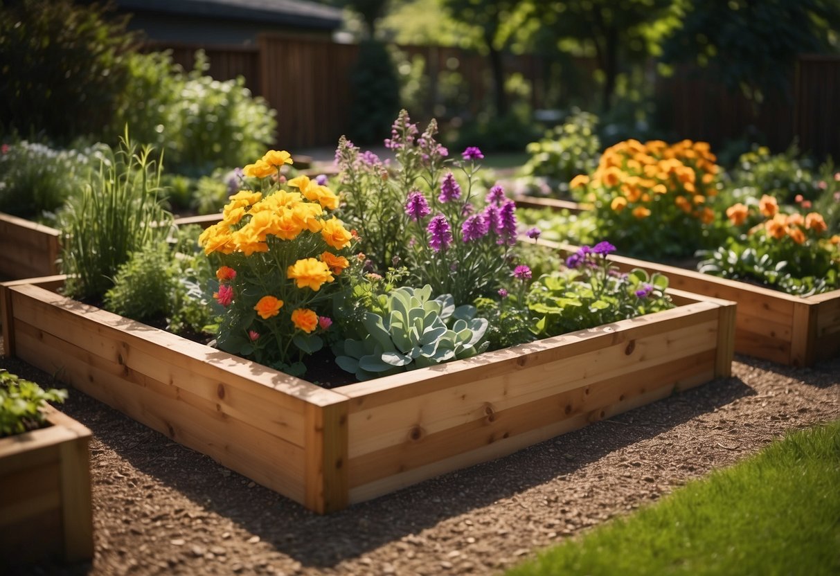 A cedar raised garden bed filled with vibrant flowers and lush greenery, surrounded by neatly maintained pathways and a backdrop of tall trees