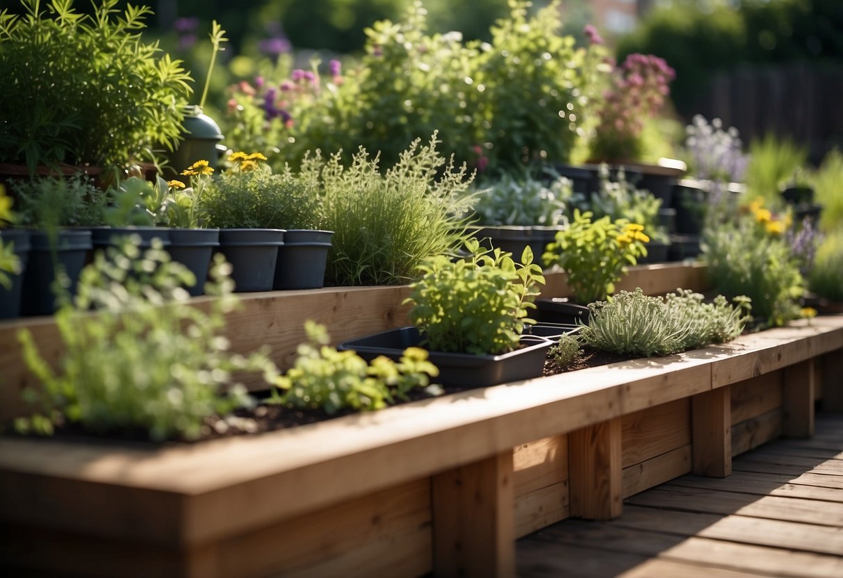 A tiered herb garden with raised beds, filled with a variety of aromatic plants and vibrant green foliage, creating a visually appealing and practical garden space