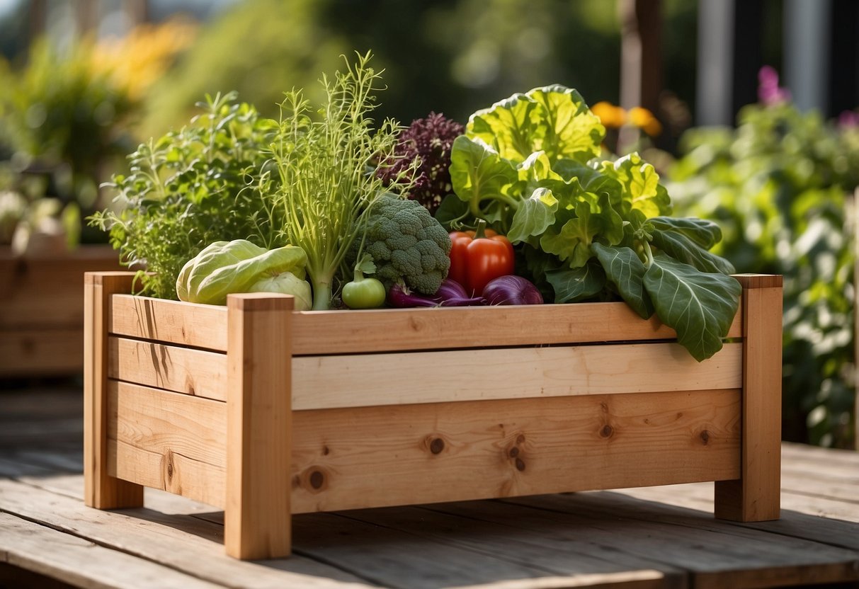 A wooden planter box filled with vibrant vegetables, nestled in a sunny garden. Raised beds create a structured and organized layout for the flourishing plants