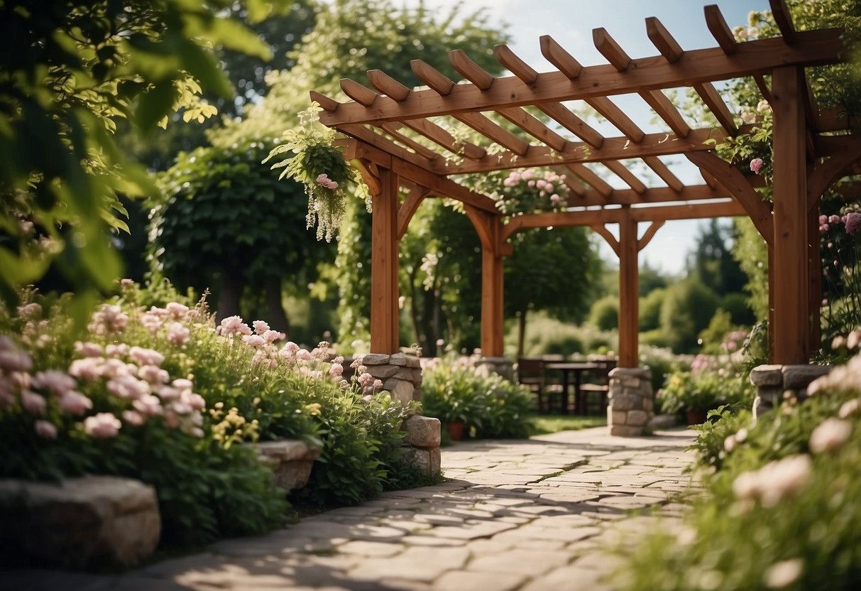 A wooden pergola stands in a lush garden, surrounded by blooming flowers and greenery, creating a peaceful and inviting outdoor space