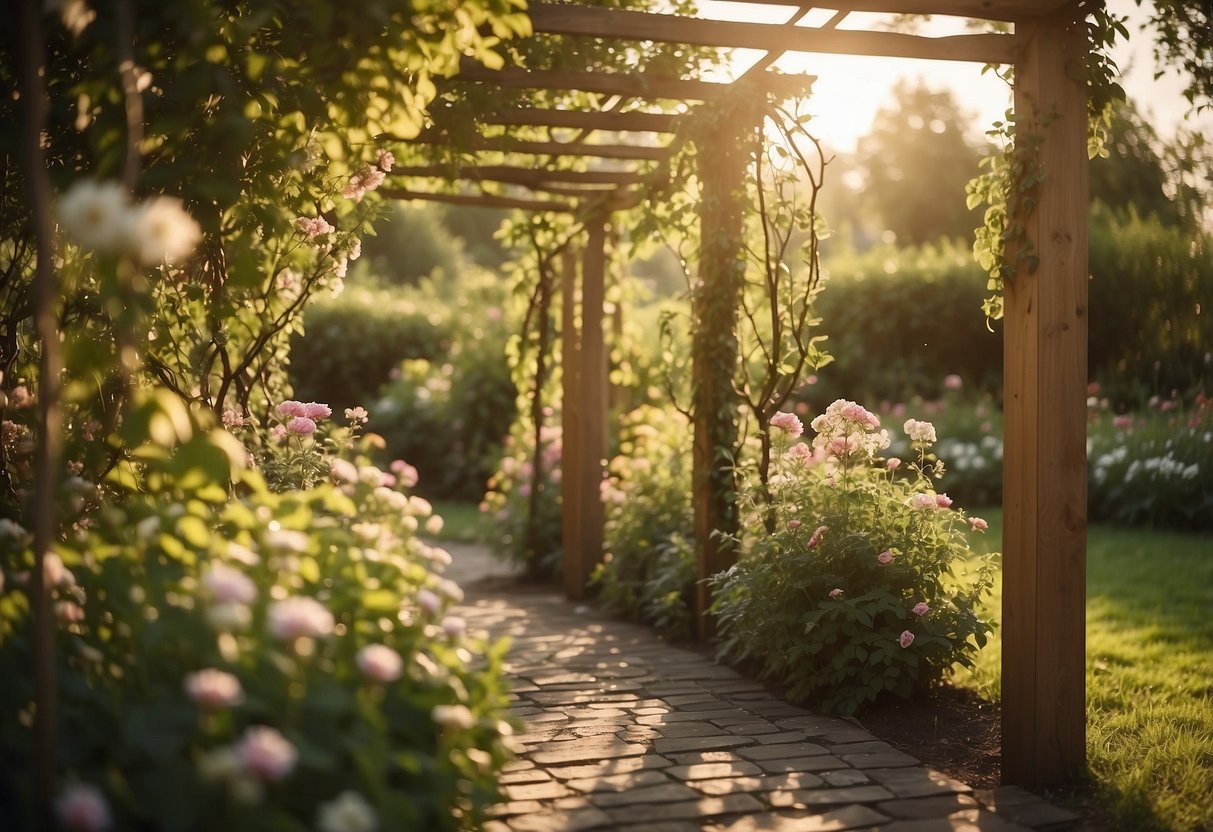 A wooden trellis stands in a lush garden, surrounded by blooming flowers and climbing vines. The warm sunlight filters through the wooden slats, creating a peaceful and inviting atmosphere