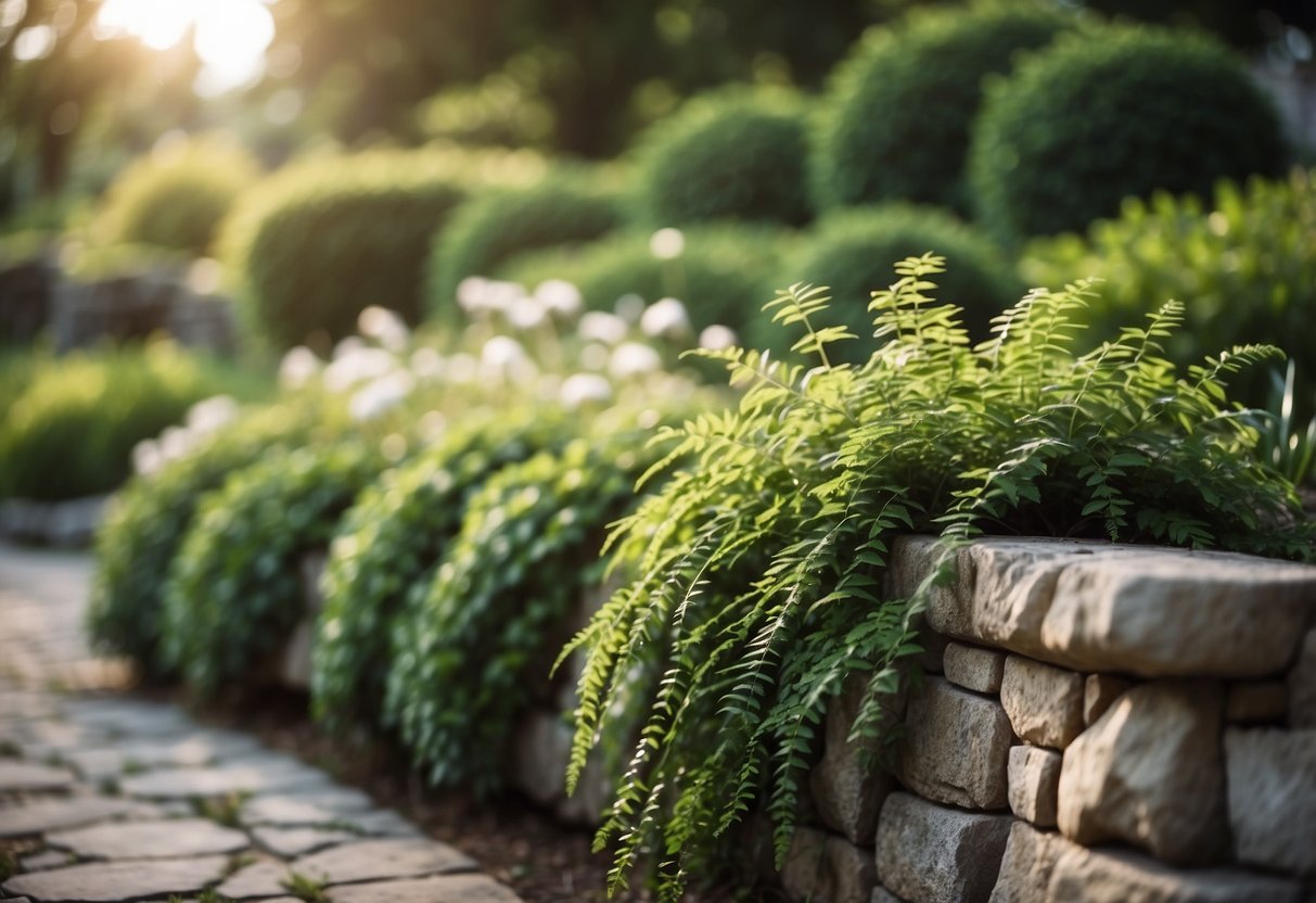 Lush greenery spills over raised stone borders in a serene garden setting