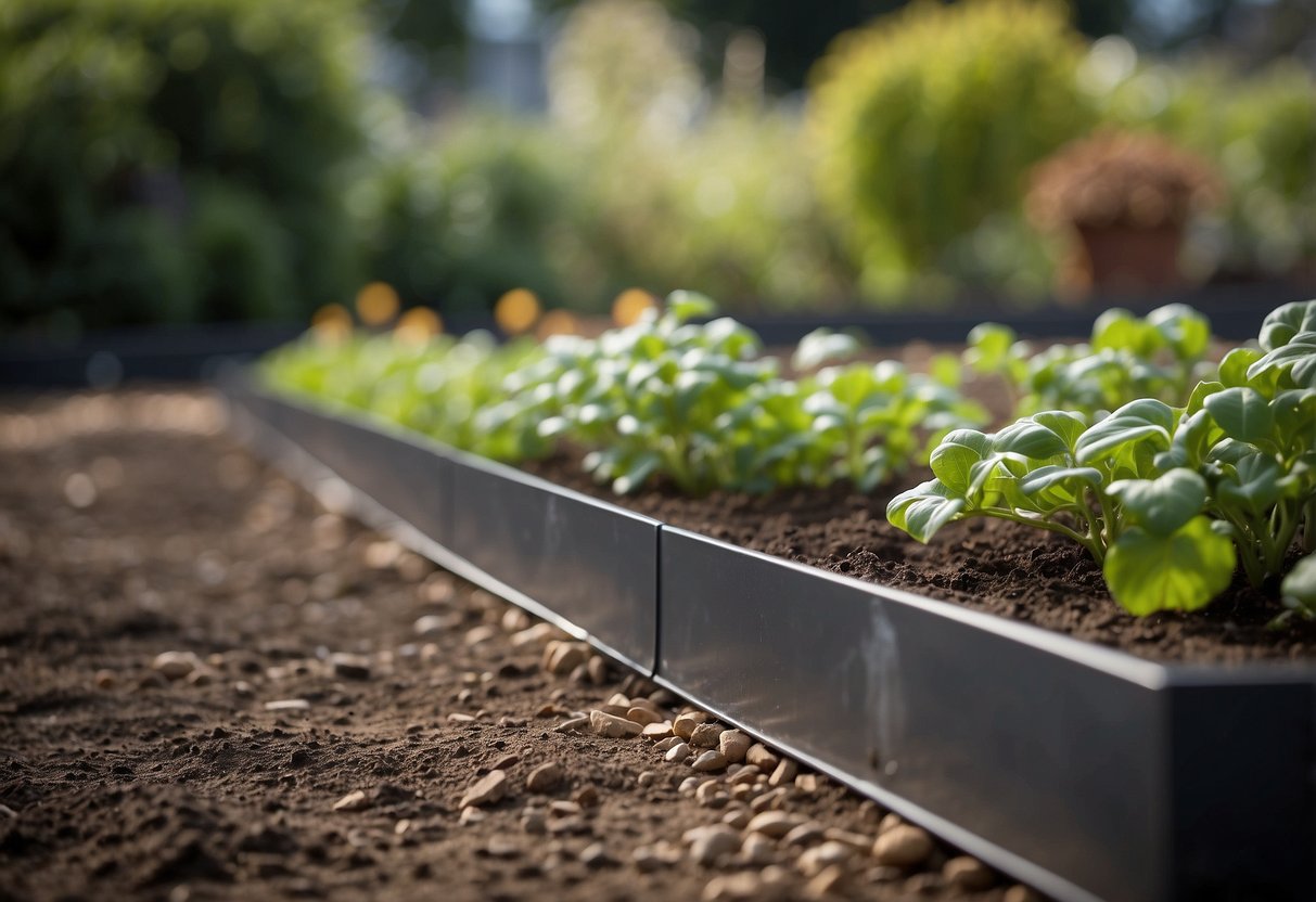 A metal garden edging lines the perimeter of a raised garden bed, adding structure and definition to the garden landscape