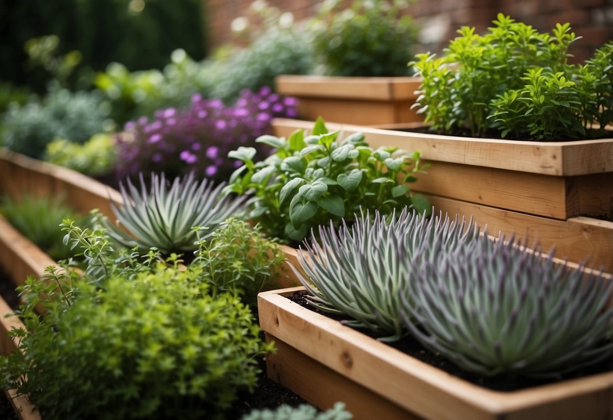 Three tiered herb planters sit within raised borders, overflowing with aromatic plants. The garden is a symphony of greenery and color, with each level providing a visual feast for the eyes