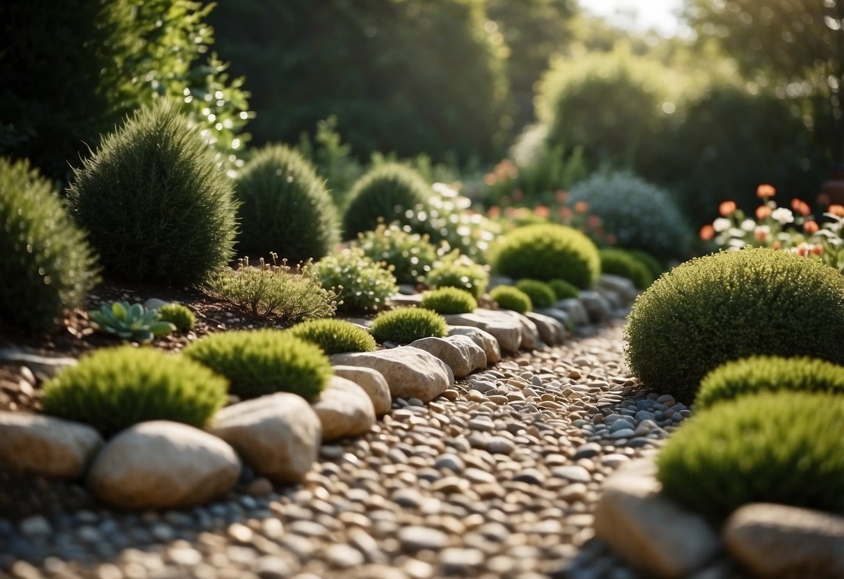 A garden with raised borders, pebble and rock edges