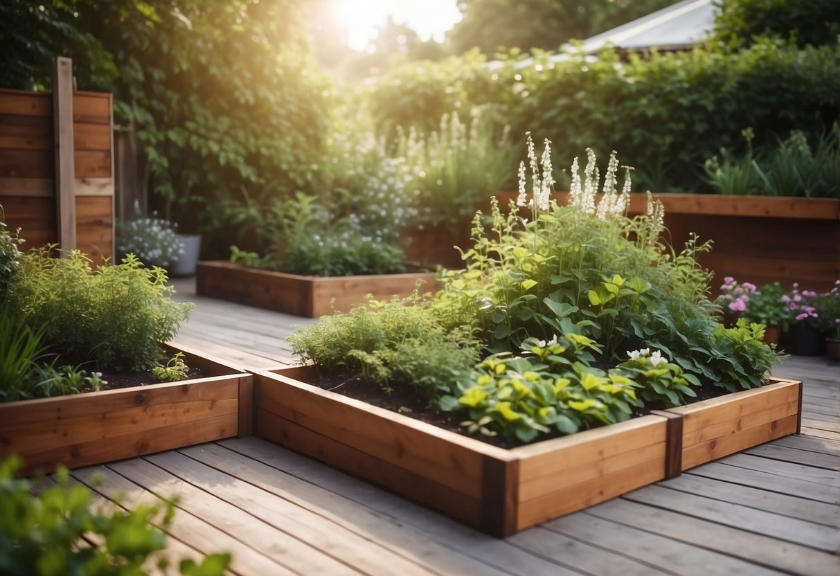 Wooden garden beds sit on raised patio, surrounded by lush plants and flowers