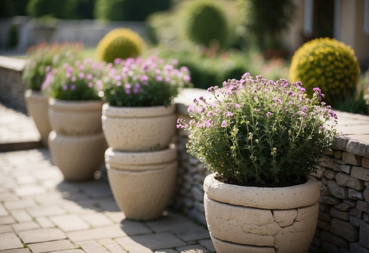 Stone planters tiered in garden, leading to raised patio