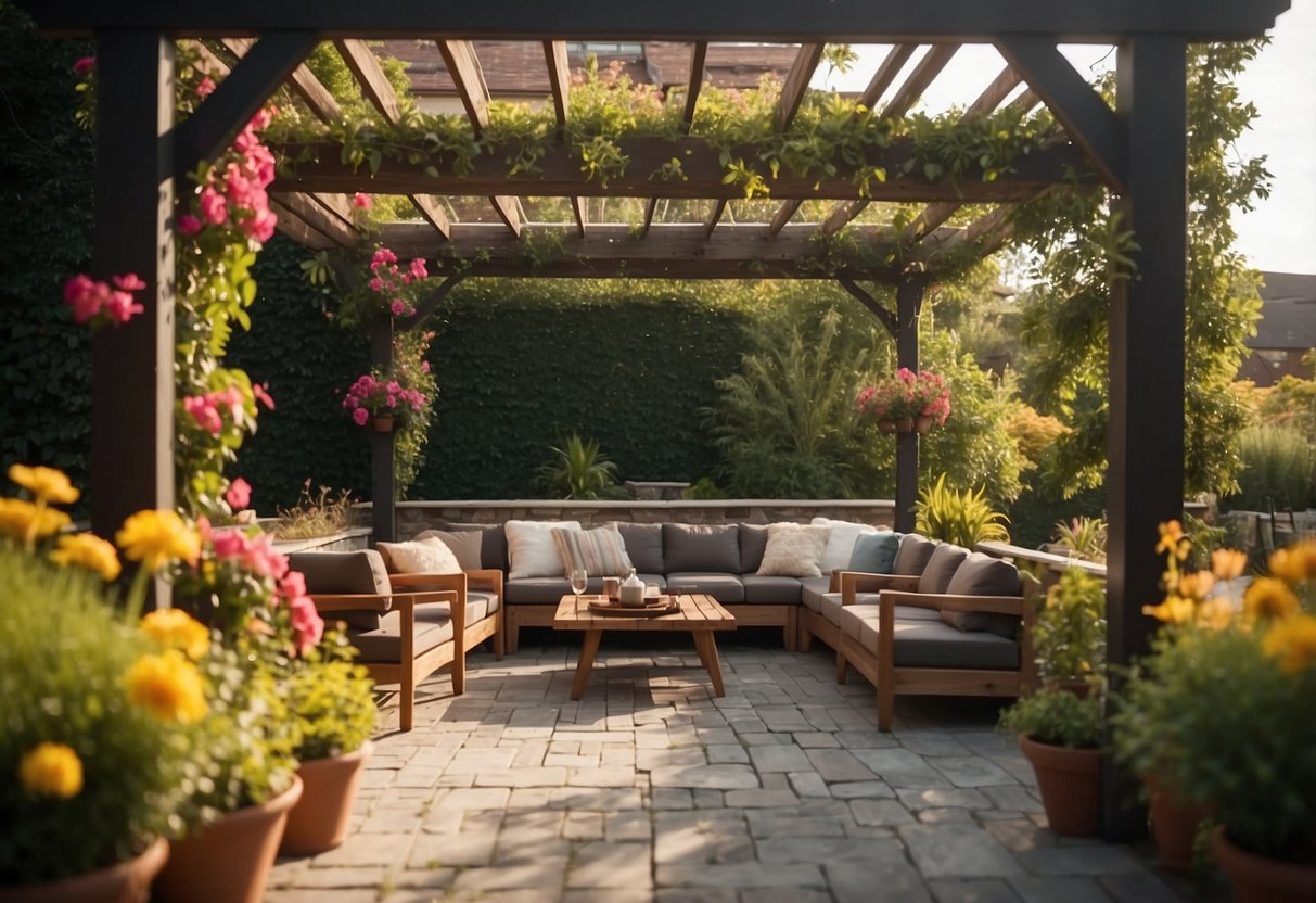 A pergola stands over a raised patio with cozy seating, surrounded by lush greenery and colorful flowers in a tranquil garden setting