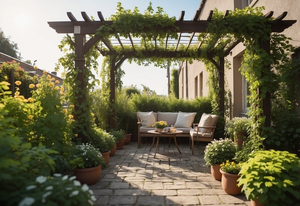 A lush garden with a trellis covered in blooming vines, surrounding a raised patio