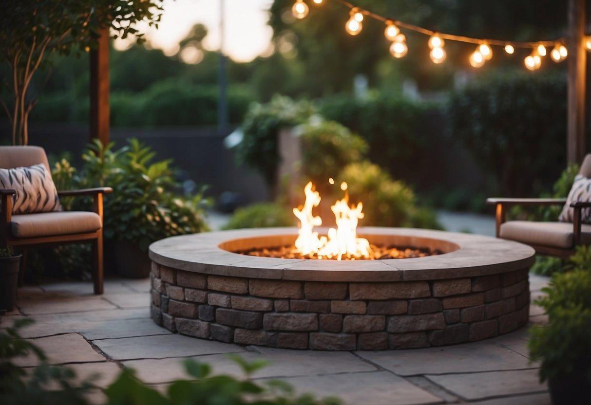 A cozy fire pit sits in the center of a raised patio, surrounded by lush garden greenery and twinkling lights