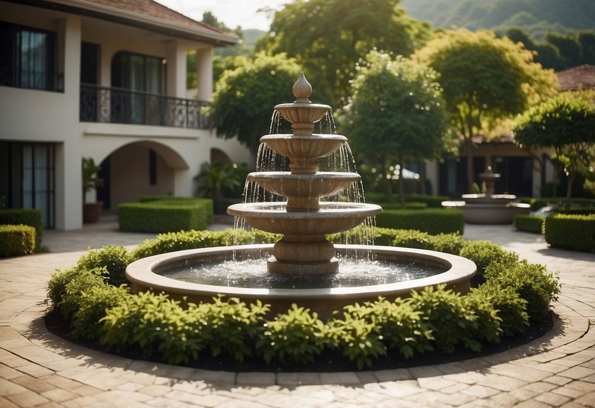 A raised patio surrounded by lush greenery, with a decorative water fountain as the centerpiece