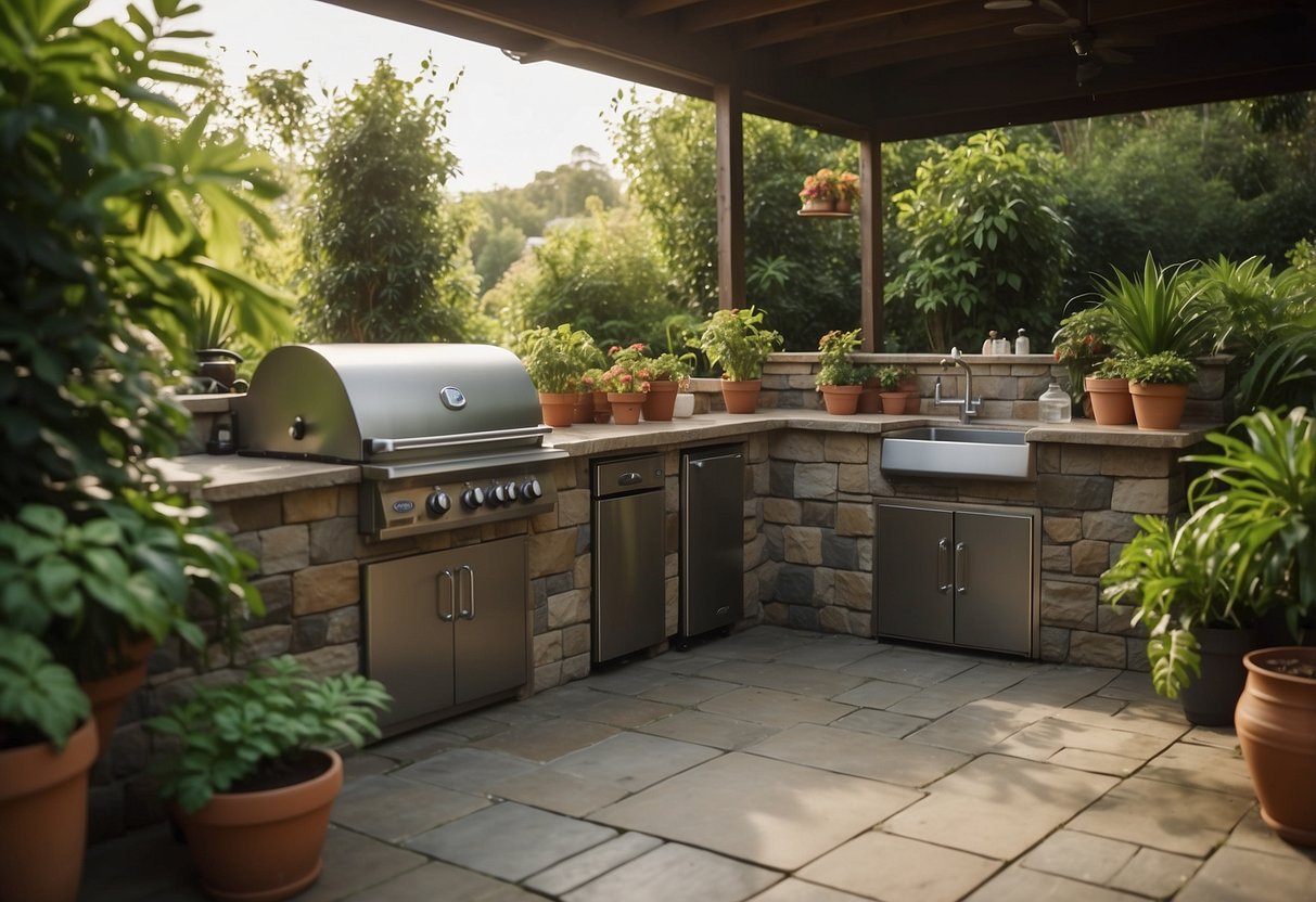 A raised patio overlooks an outdoor kitchen with a grill, sink, and prep area. Lush greenery surrounds the space, with potted plants and hanging baskets adding a touch of natural beauty to the setup