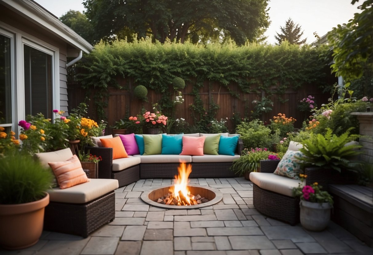 A raised patio garden with lush greenery and colorful flowers, surrounded by comfortable seating and a cozy fire pit