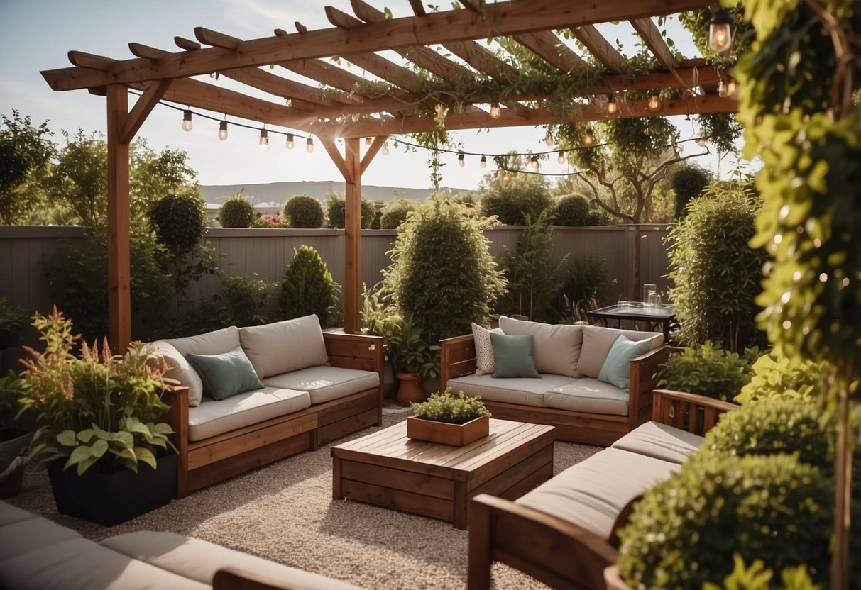 A raised patio with garden beds, potted plants, and cozy seating area. A pergola provides shade, while string lights add ambiance