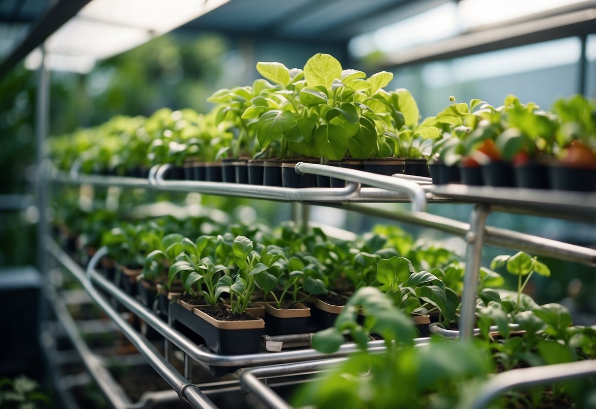 Lush green plants grow in a tiered aquaponics system, with colorful fruits and vegetables flourishing in the nutrient-rich water