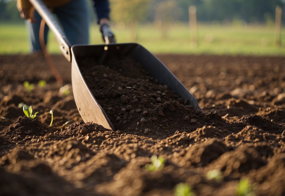 Rich soil being tilled and turned, ready for planting. Fruit trees and vegetable seedlings waiting nearby