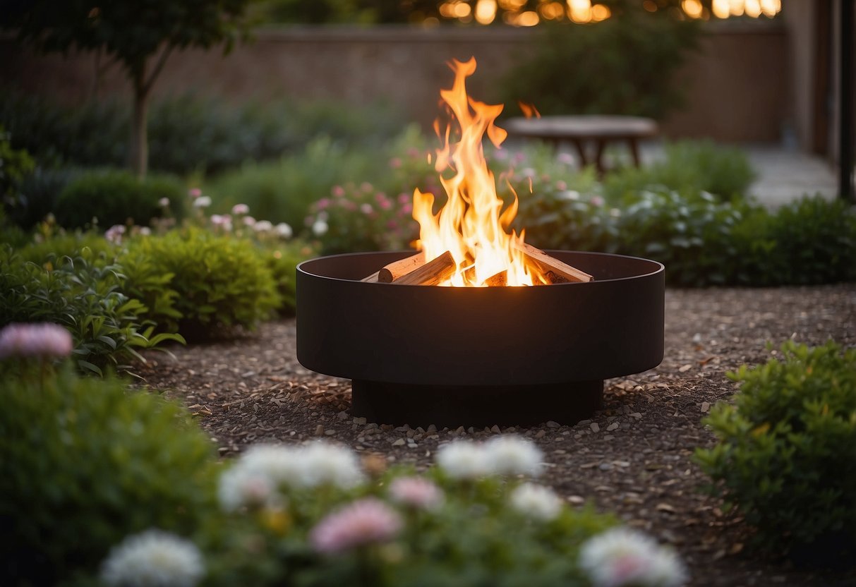 A wood chip fire pit sits in a lush garden, surrounded by greenery and flowers. The flames dance and flicker, casting a warm glow in the peaceful setting