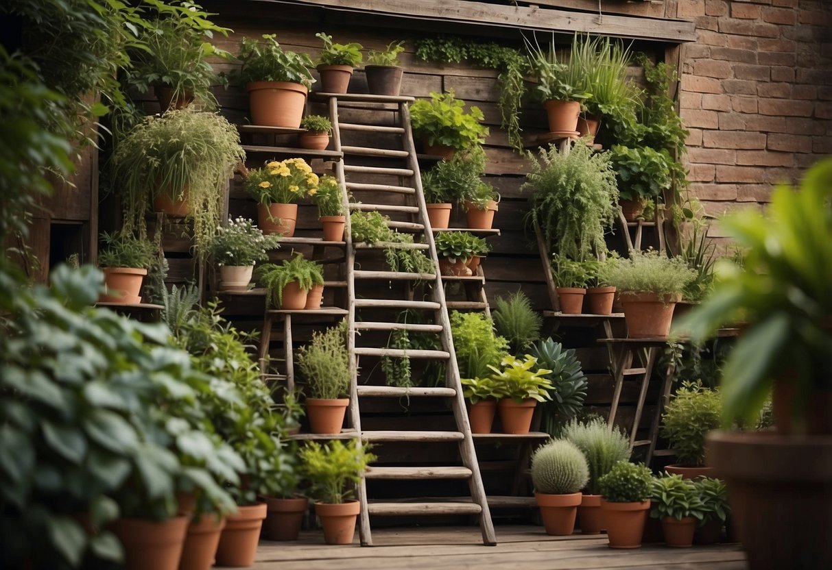 An old ladder shelf transformed into a vertical garden, adorned with potted plants and cascading vines, adding a touch of rustic charm to the outdoor space