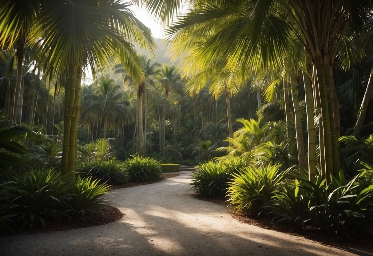 A serene bamboo palm garden with lush palms and a peaceful atmosphere