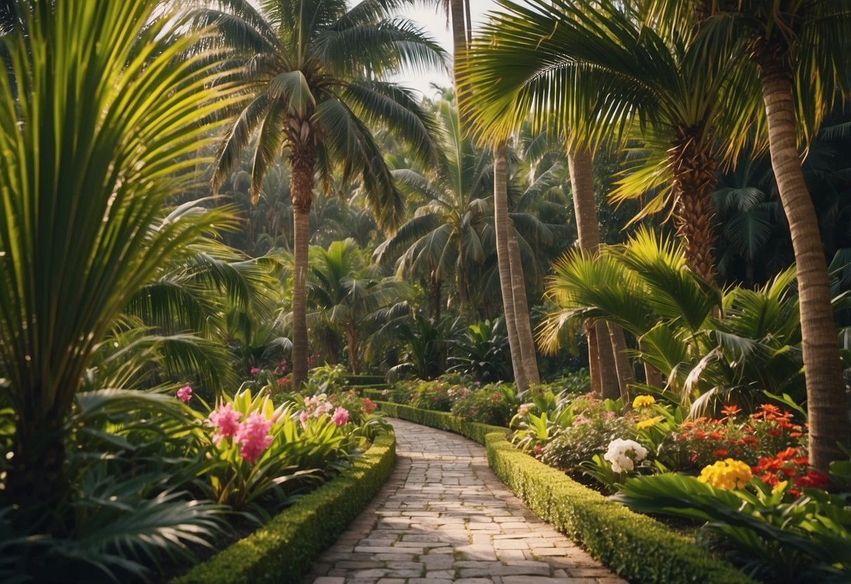 Lush Queen Palm garden with various palm species, stone pathway, and colorful flowers