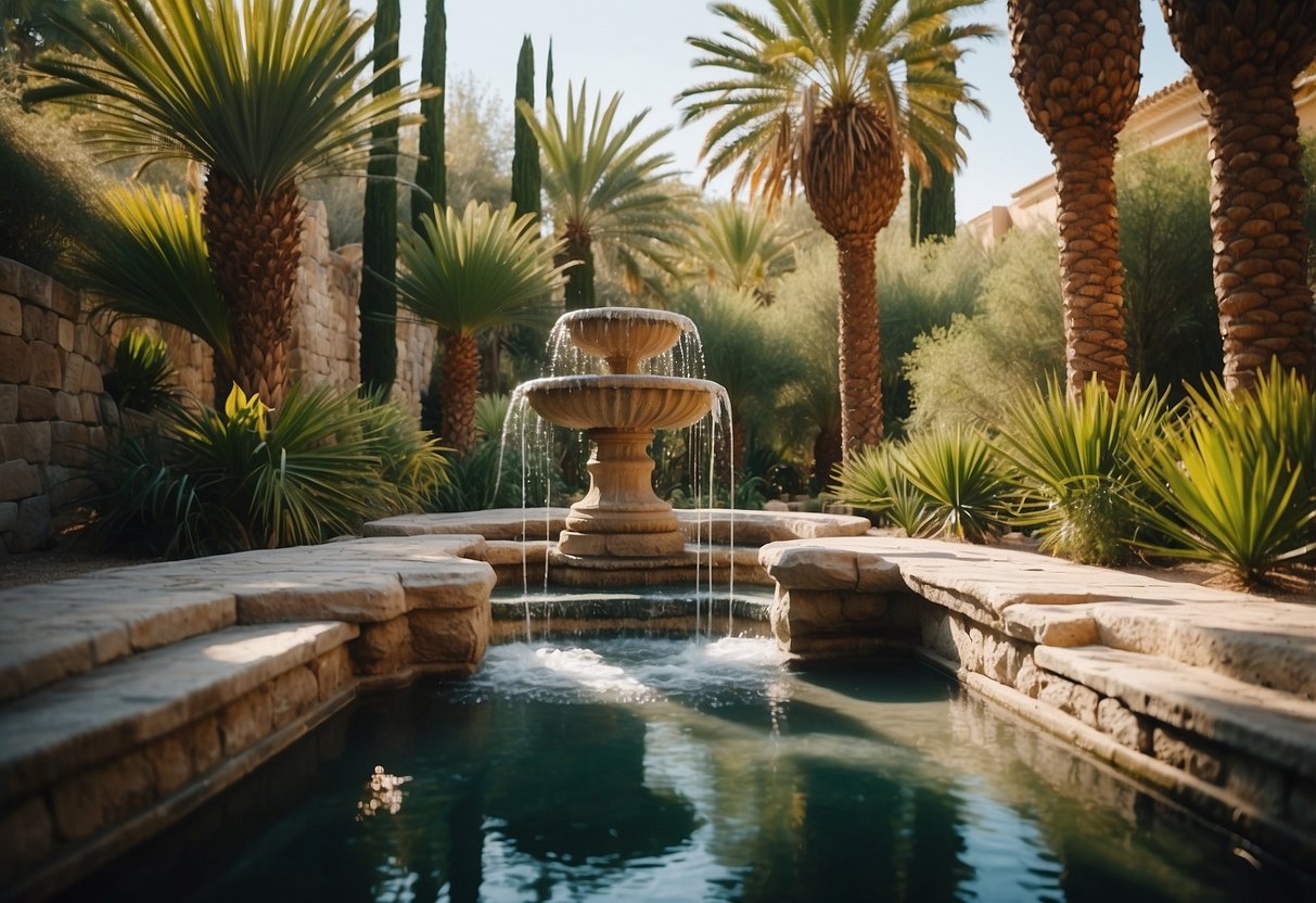 A lush garden with Mediterranean Fan Palms, stone pathways, and a bubbling fountain