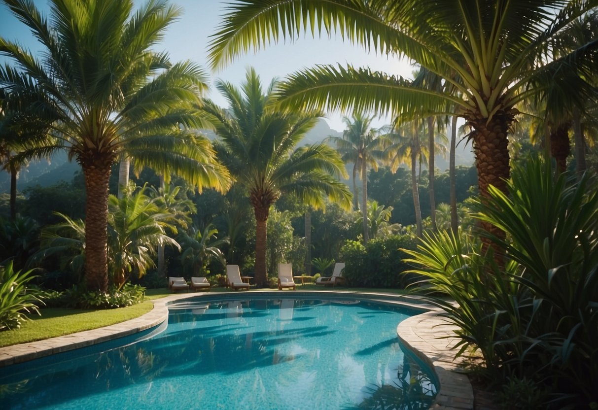 A lush garden of azure blue Hesper Palms, with tall palms and vibrant green foliage, creating a serene and tranquil atmosphere