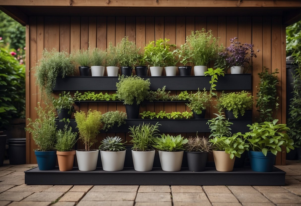 A tall vertical herb garden stands against the wall behind the garage, with various herbs and plants growing in stacked planters