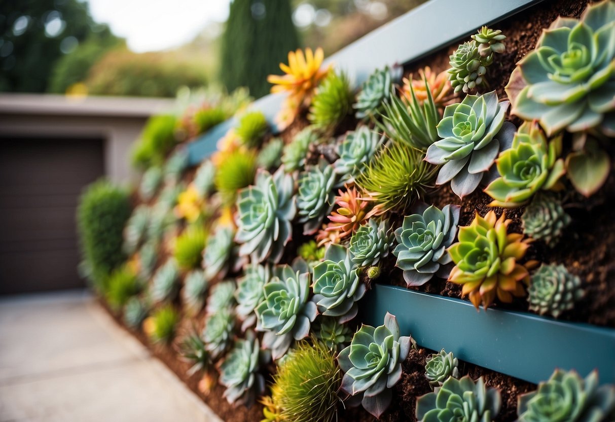 A vibrant succulent wall garden adorns the space behind a garage. Lush greenery and pops of color create a visually stunning and low-maintenance outdoor art installation