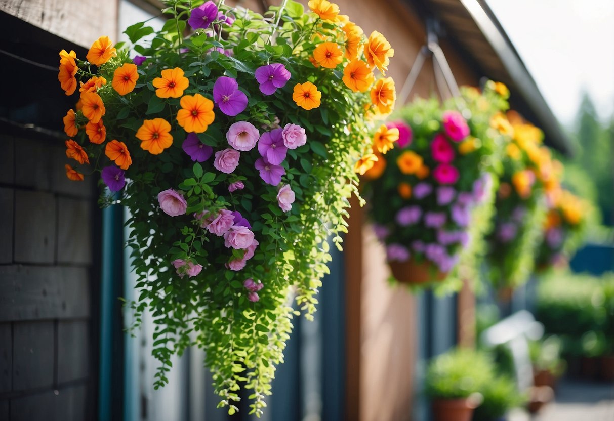 Colorful hanging flower baskets adorn the garden behind the garage. Lush greenery and vibrant blooms create a picturesque scene