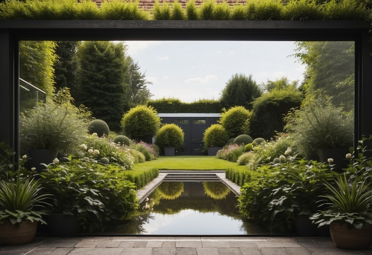 A lush garden reflects in a large mirror, nestled behind a garage