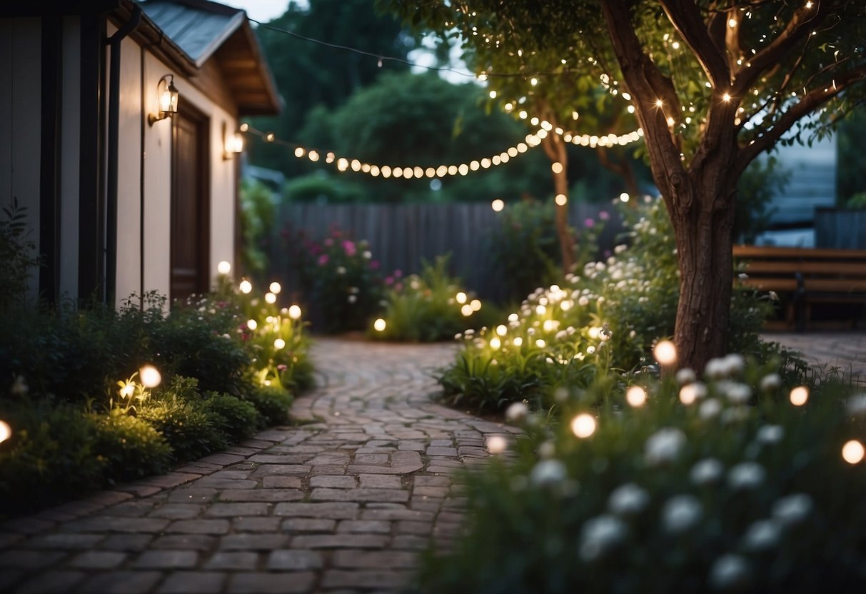 A winding pathway lined with twinkling fairy lights leads through a lush garden behind a garage