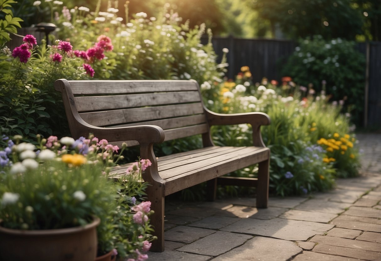 A rustic bench sits in a garden behind a garage, surrounded by greenery and flowers