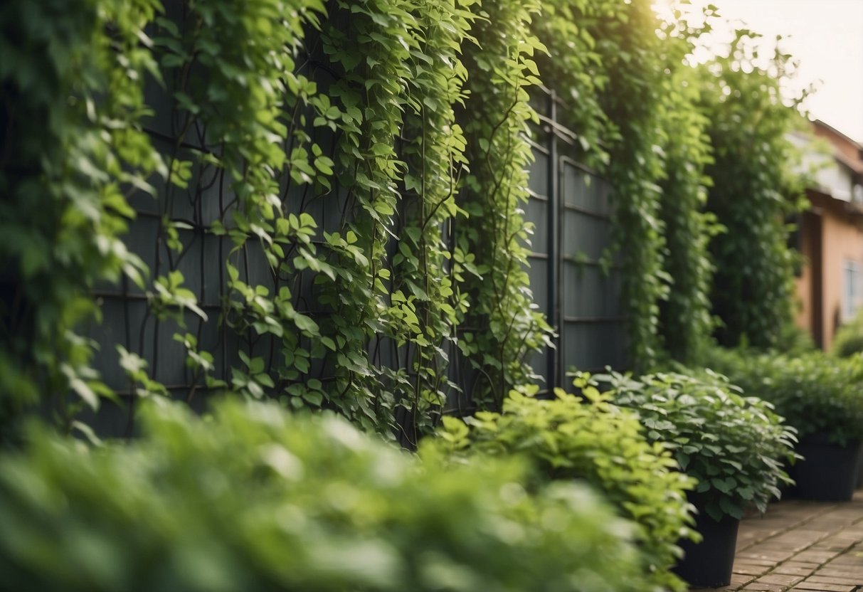 Lush green trellis plants climb behind the garage, creating a natural garden wall