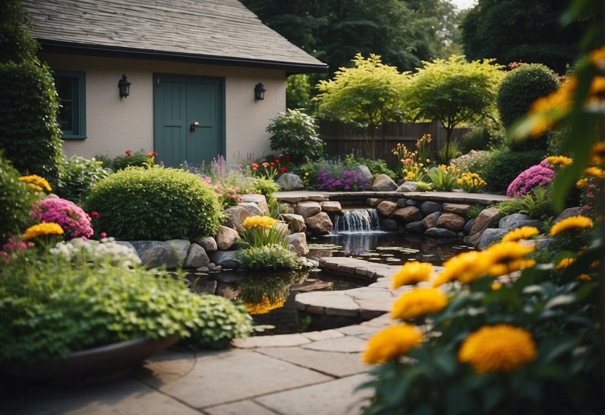 A tranquil garden with a water feature nestled behind a garage, surrounded by lush greenery and colorful flowers