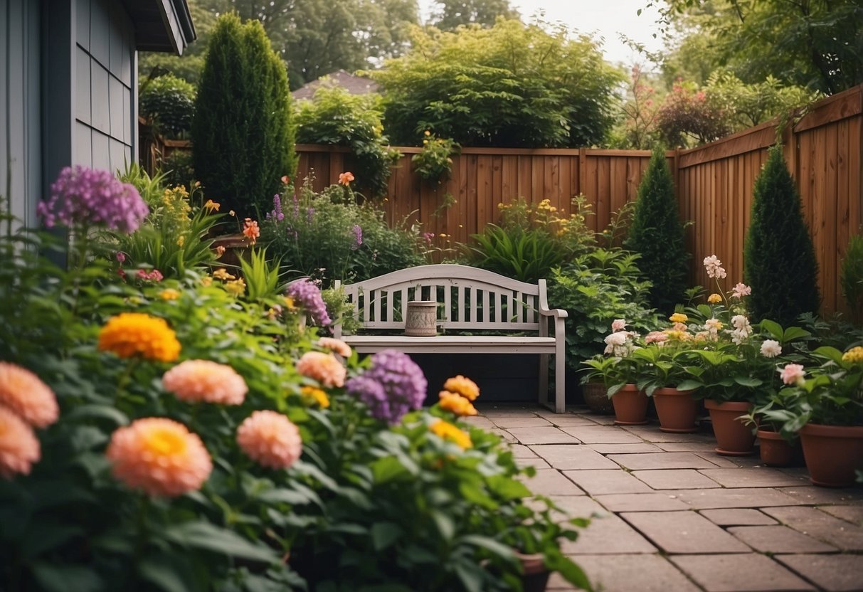 A lush garden tucked behind the garage, featuring colorful flowers, a variety of plants, and a cozy seating area for relaxation