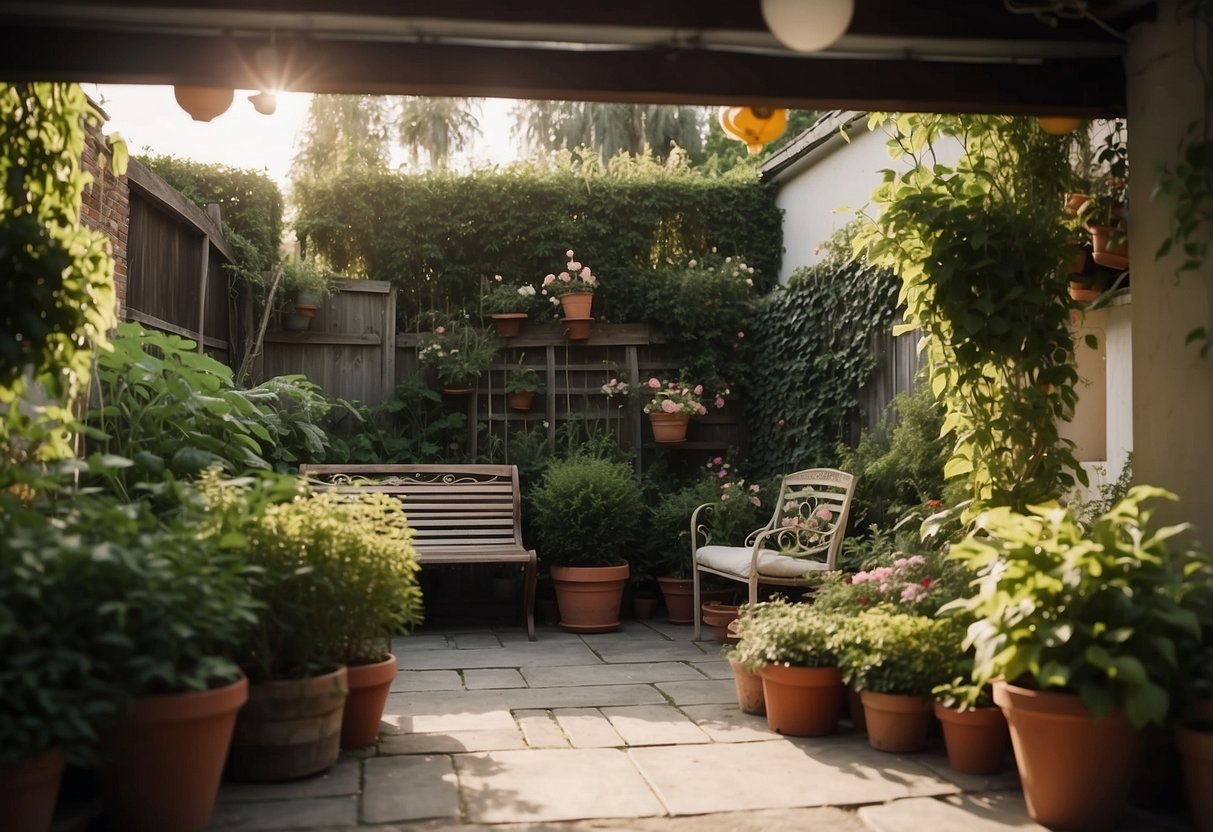 A cozy garden space nestled behind a garage, featuring a mix of potted plants, a small seating area, and a trellis adorned with climbing vines