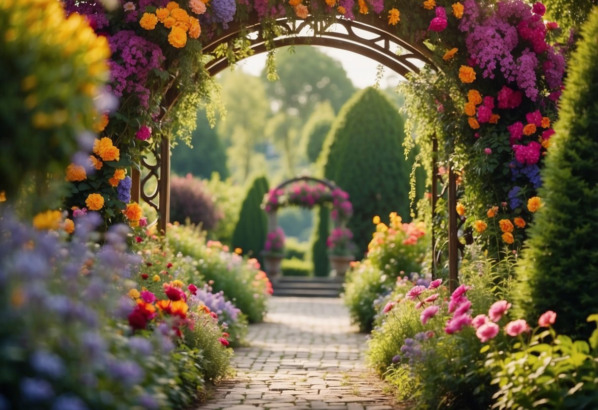 A colorful flower arch frames a garden entrance, with lush greenery and a variety of vibrant flowers in full bloom